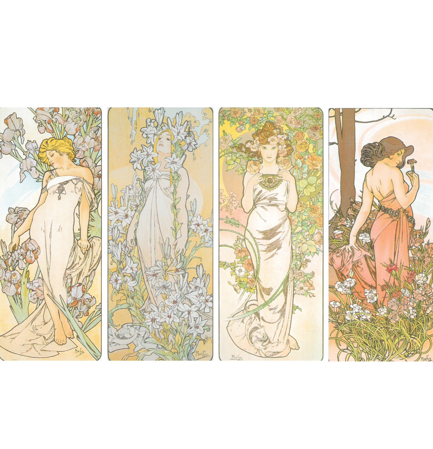 アルフォンス・ミュシャの絵画作品　タイトルは、花シリーズ　アイリス・リリー・ローズ・カーネーション
